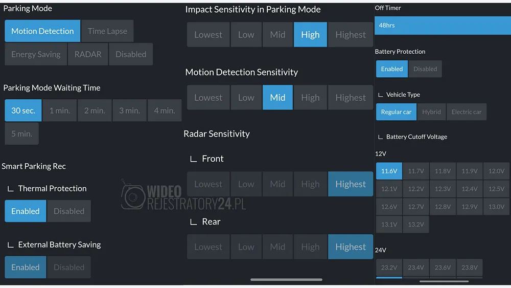 ustawienia trybu parkingowego w kamerze samochodowej thinkware u3000 pro